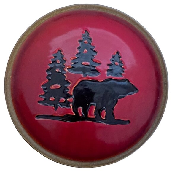 2 Woodland Home Studio Red Dinner Plates Rustic Bear & Pine Tree Design Set 11” - Picture 2 of 5